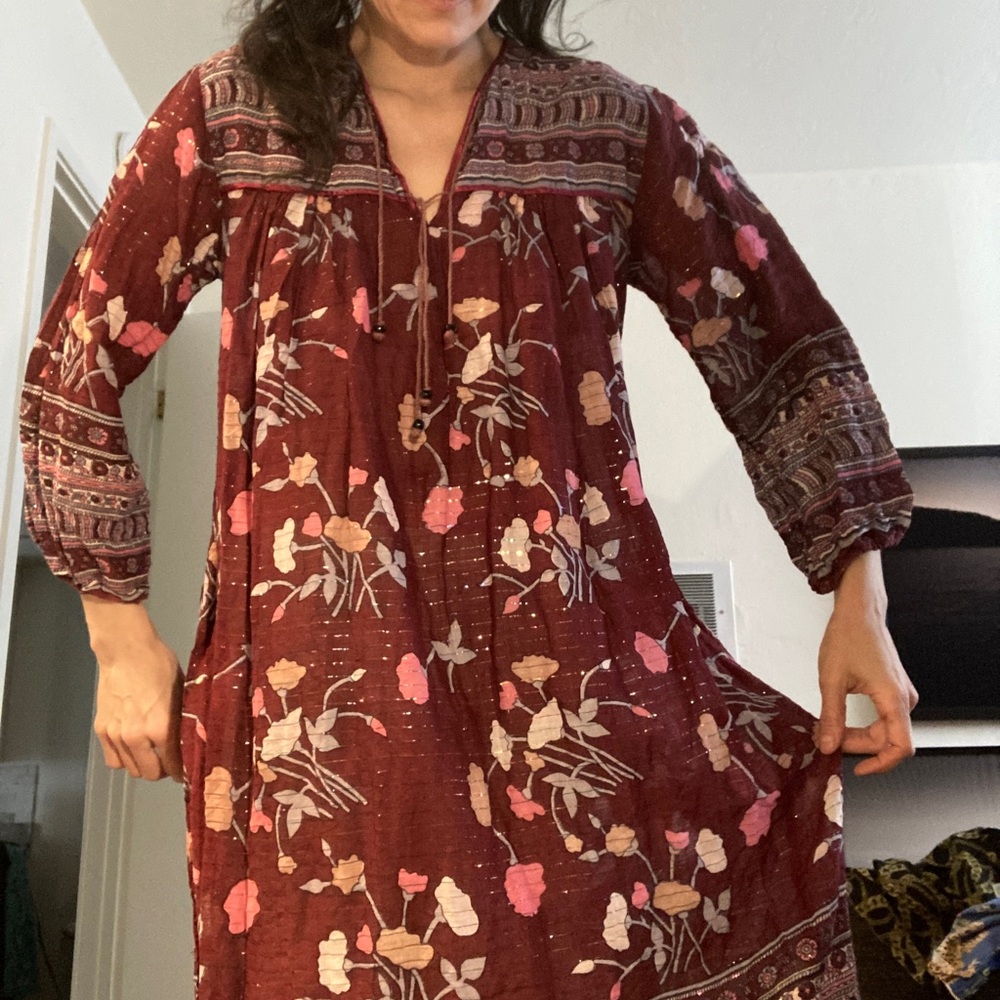 Vtg 70’s 60’s Indian Cotton Block Print Dress Small boho hippy free festive